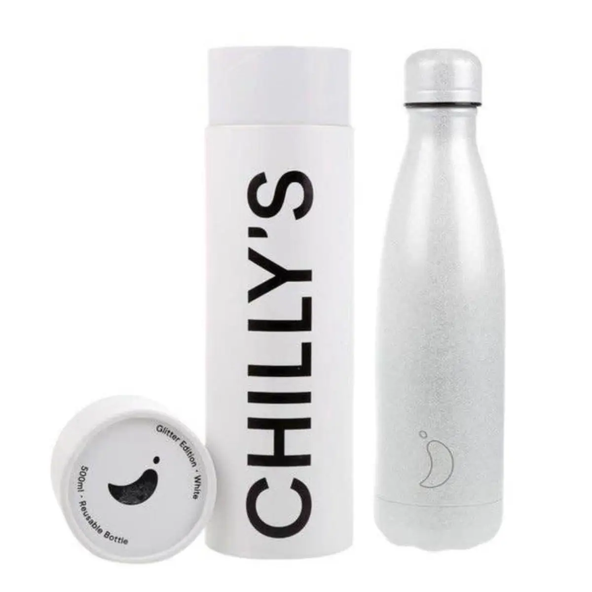 Chilly's Bottles White Glitter 500ml בקבוק מים רב פעמי